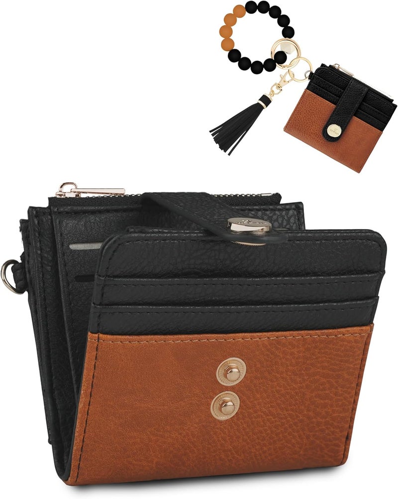 Sunpour Small Wristlet Wallets for Women Keychain Wristlet Wallet RFID Blocking Key Chain Wallet With Zipper Coin Pocket,2 Id Window (Brown＆Black) - Image 1